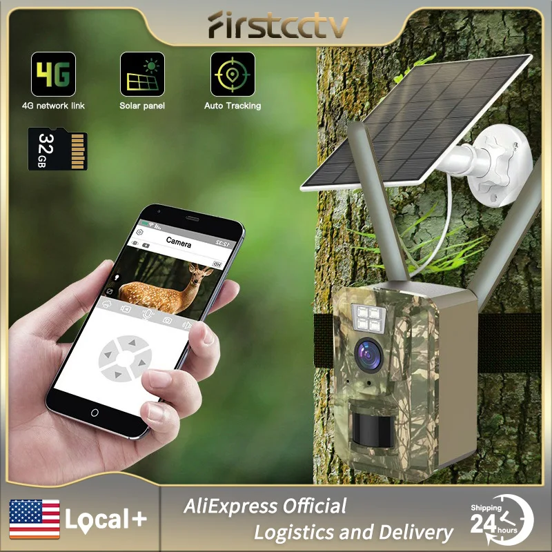 

Камера для охоты и наблюдения за дикой природой FIRSTCCTV EU 4G Cellular 3MP 2K с солнечной батареей, датчиком движения PIR, активацией по движению, IP66, ночное видение, для использования на улице