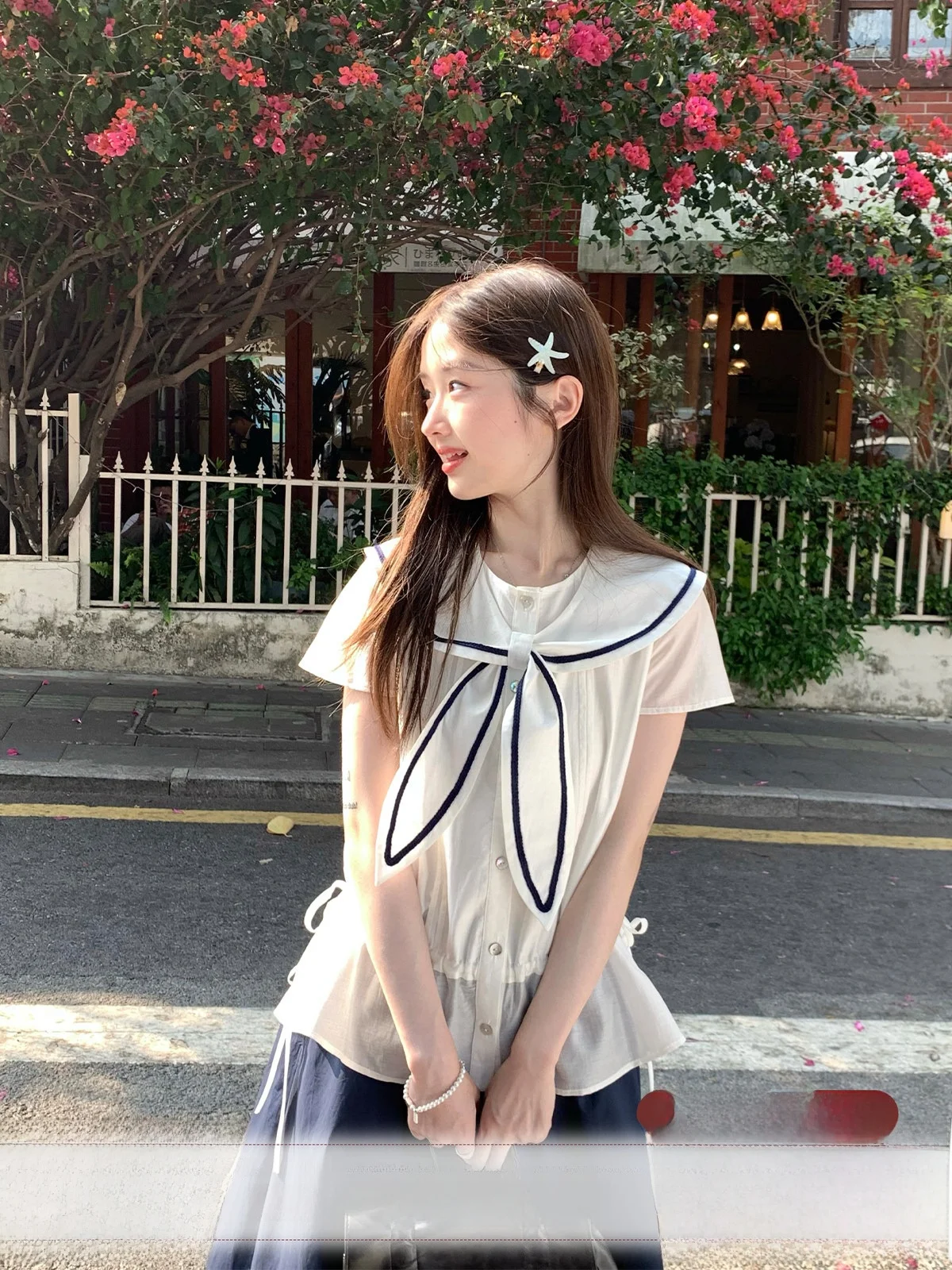 

Sweet Style T-Shirt Navy Collar Elastic Waist Knot Half Skirt Two-Piece Set Summer Fashion Women's Clothing