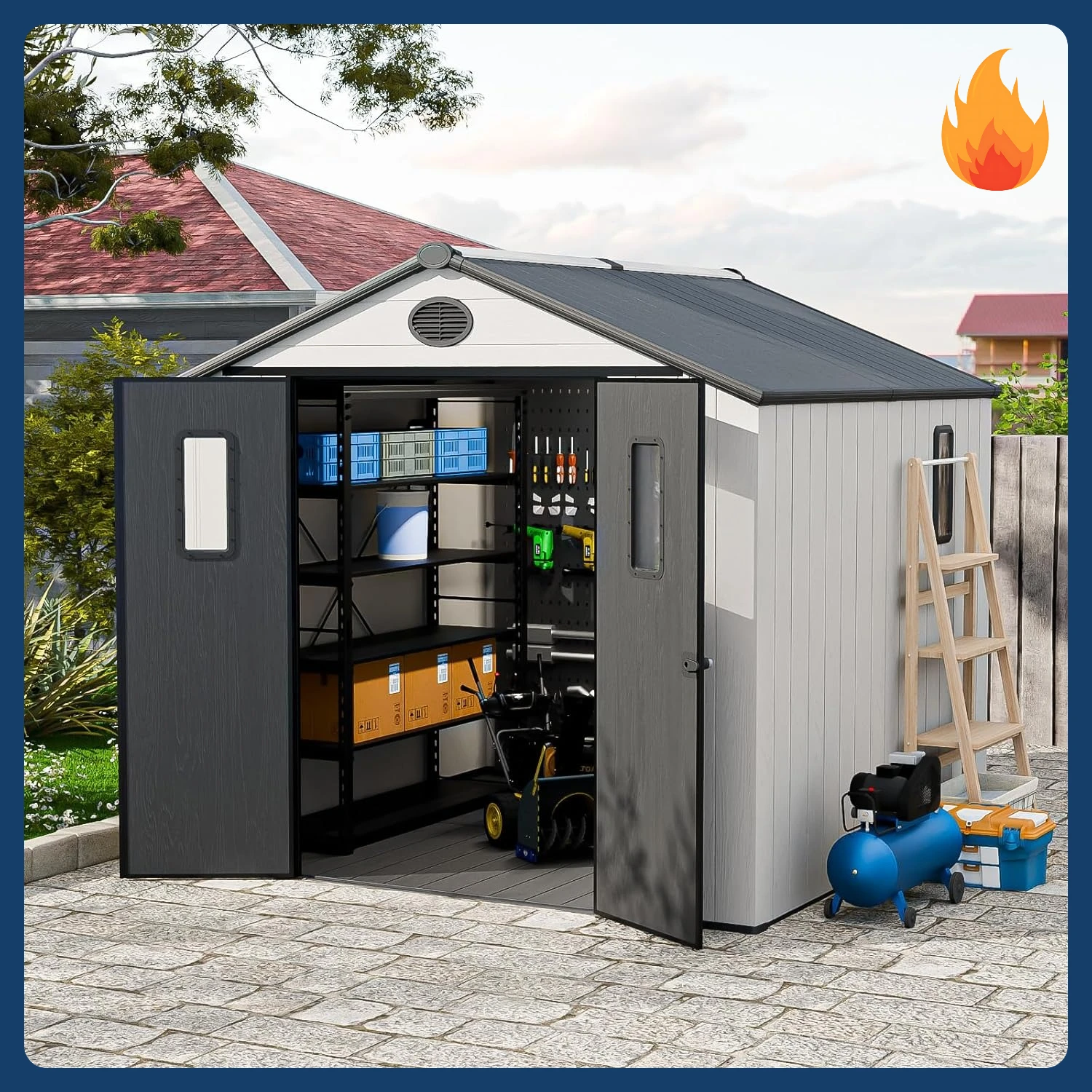 

[Скидка на цена! ]Наружный навес из смолы для хранения вещей с запираемыми двойными дверцами, прочным полом, всепогодным садом для инструментов и оборудования