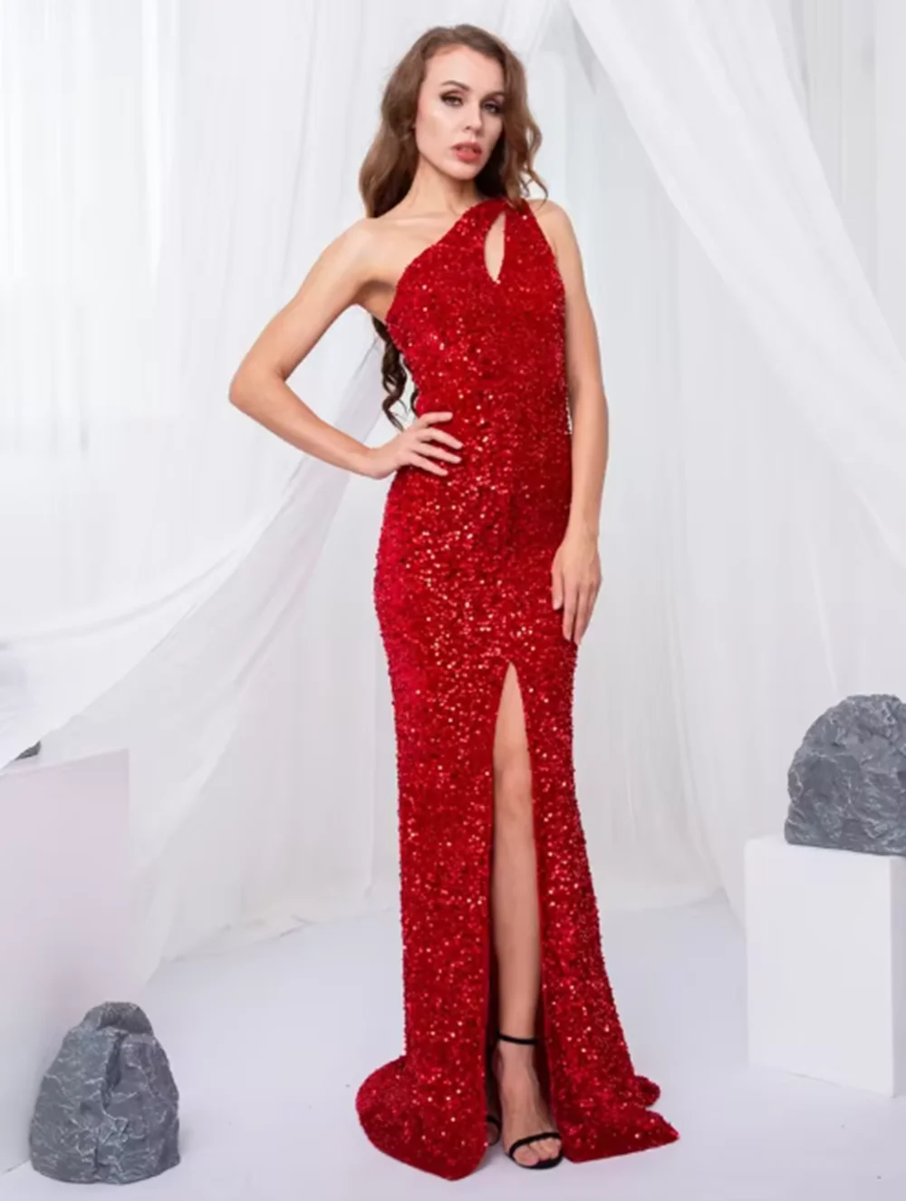 

Сексуальное платье макси с вырезами и блестками по индивидуальному заказу, эластичное платье без рукавов с разрезом длиной до пола, вечернее платье русалки