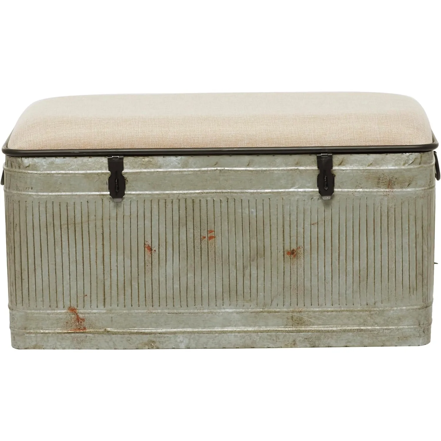 Deco 79 Metal Room Storage Bench Galvanized Entryway Bench with Cream Burlap Top and Black Latches, Bench 38