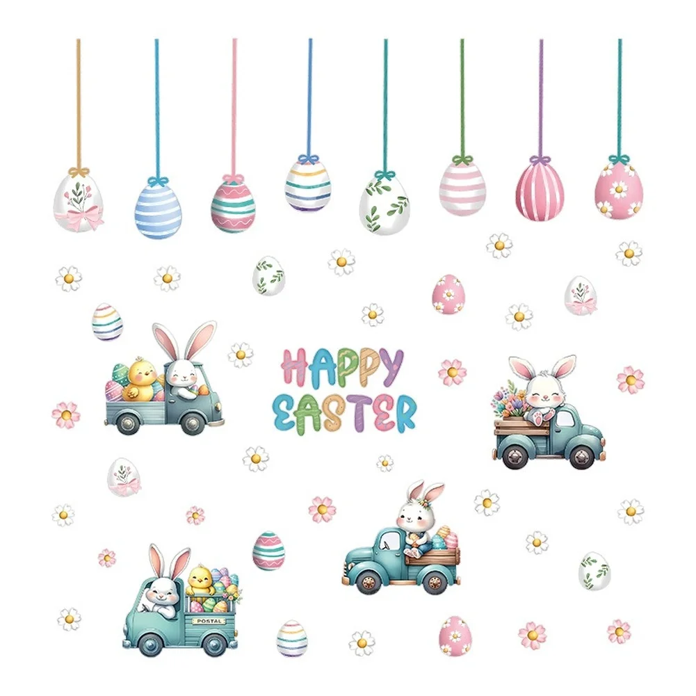 Cartoon Easter Bunny Egg Wall Stickers with Floral Accents for Childrens Room Living Room and Bedroom Decoration