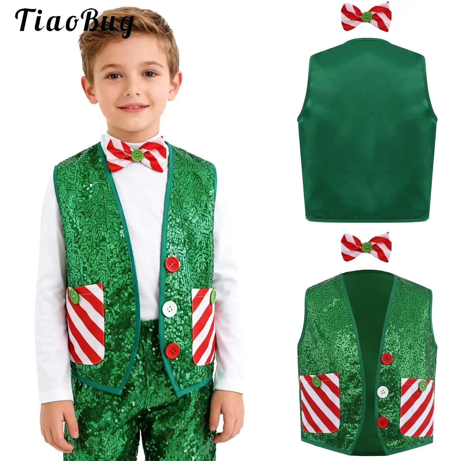 

Children Shining Sequins Vest Boys Girls Christmas Stage Performance Costumes Candy Cane Xmas Hip-hop Jazz Dance Vest Waistcoat