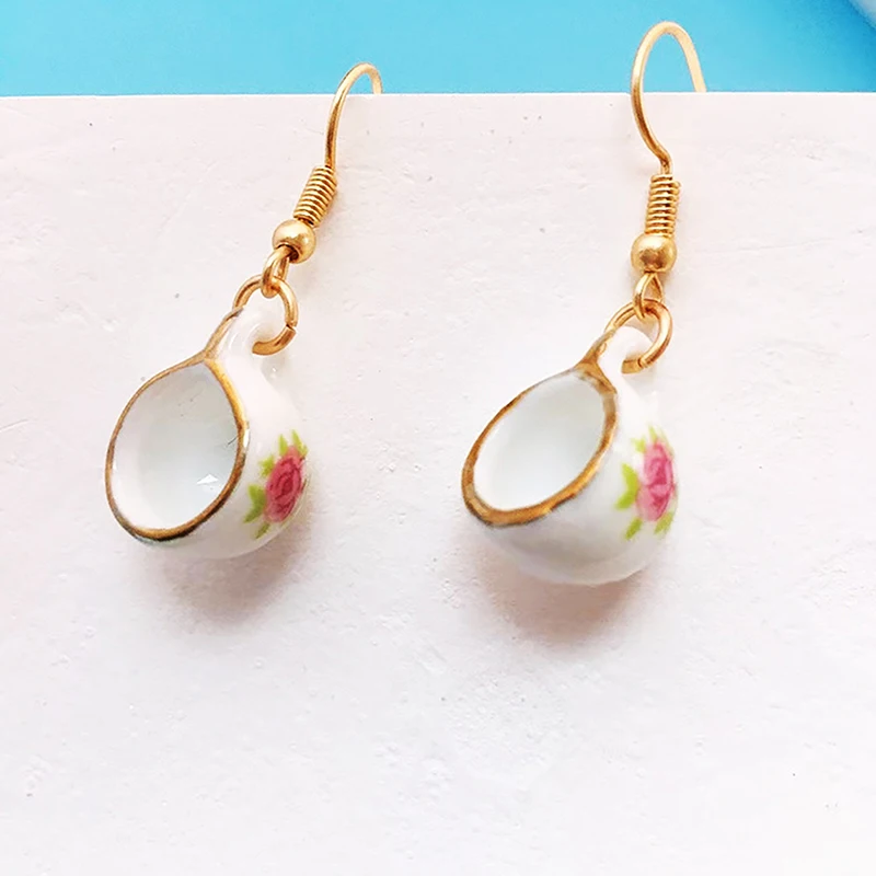 1Pair Vintage Handmade Ceramic Teacup Earrings For Women Enamel Cup Earring Jewelry Gifts