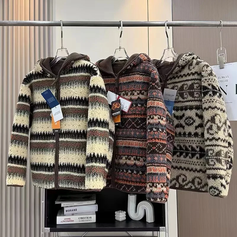 

Retro Fair Isle Double-Sided Fce Thi Warm Lamb Velvet Hooded Fur Jaet Women Winter Coat Stand Fit Long Sve Zipper