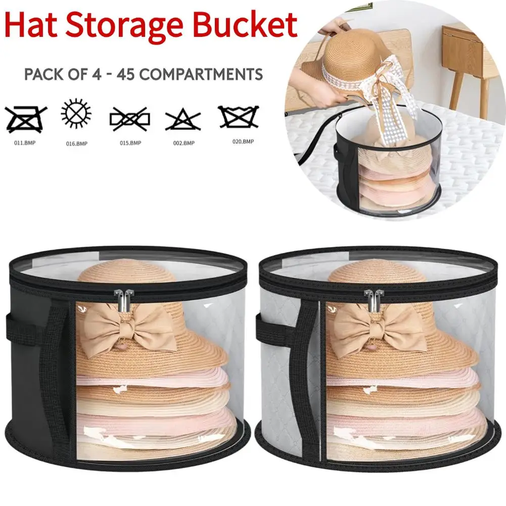 Hat Storage Bucket Clothing Hat Travel Organizer Foldable Round Brim Hat Storage Bag with Handle Clear Window Round Hat Box