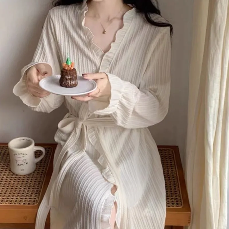 2023 Women\'s Autumn Winter Sweet Nightgown V-neck Sweet Sleepwear Lace Up Bathrobe Long Dressing Gown Homewear Flounce Pajamas