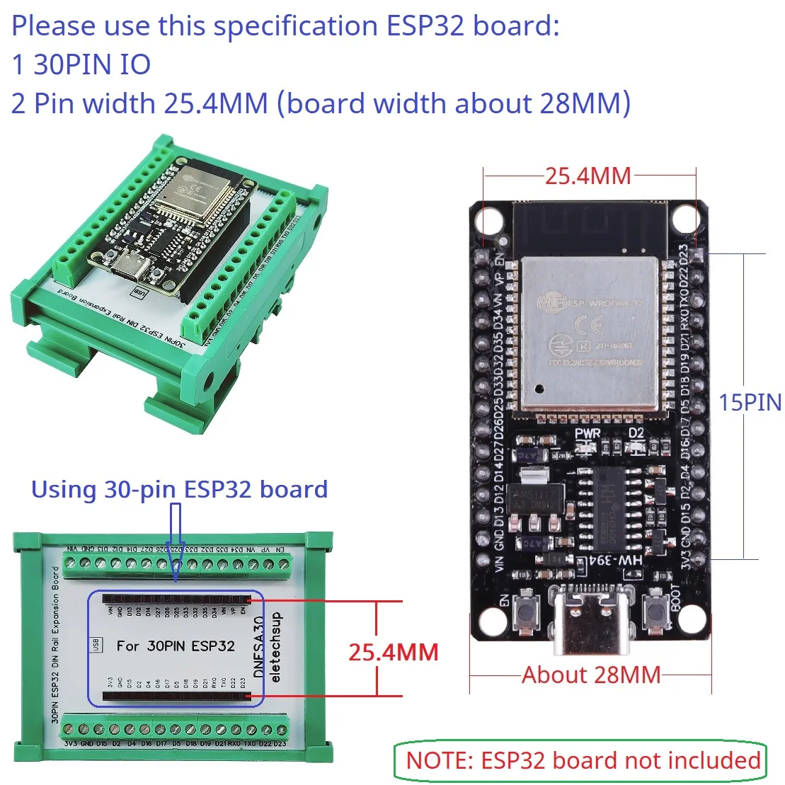 30PIN ESP32 Devkit V1 Din Rail Expansion Board 3.96 Terminal Screw Terminal Block Adapter Module for Bluetooth WIFI IOT Ethernet