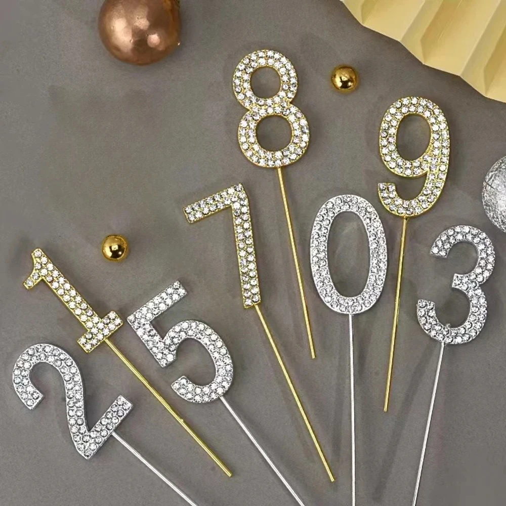 1Pc Glitter Alloy Rhinestone Number Cake Toppers Baby Shower Birthday Decoration Wedding Gold Silver Digital Cakes Dessert Decor