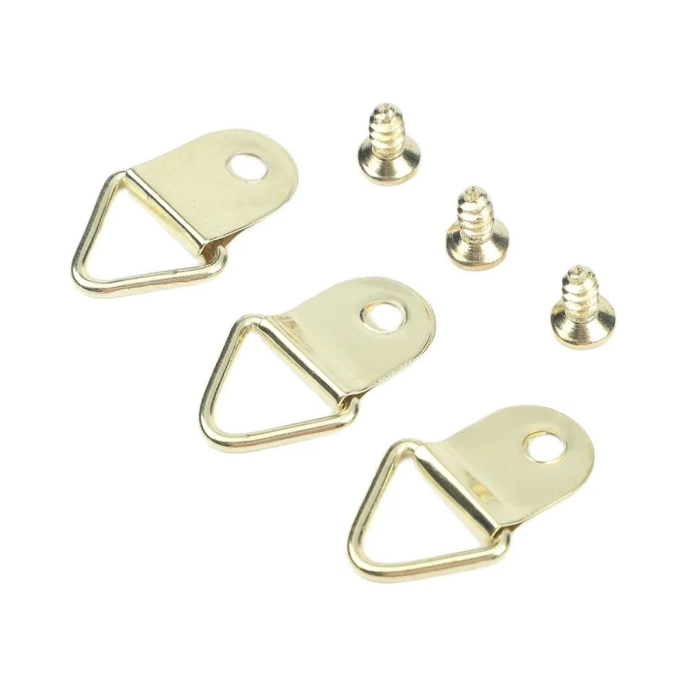 100Pcs Metal Triangle D-Ring Picture Frame Hooks with Screws for Hanging Photos Paintings Posters Mirrors Wall Decorations Gold