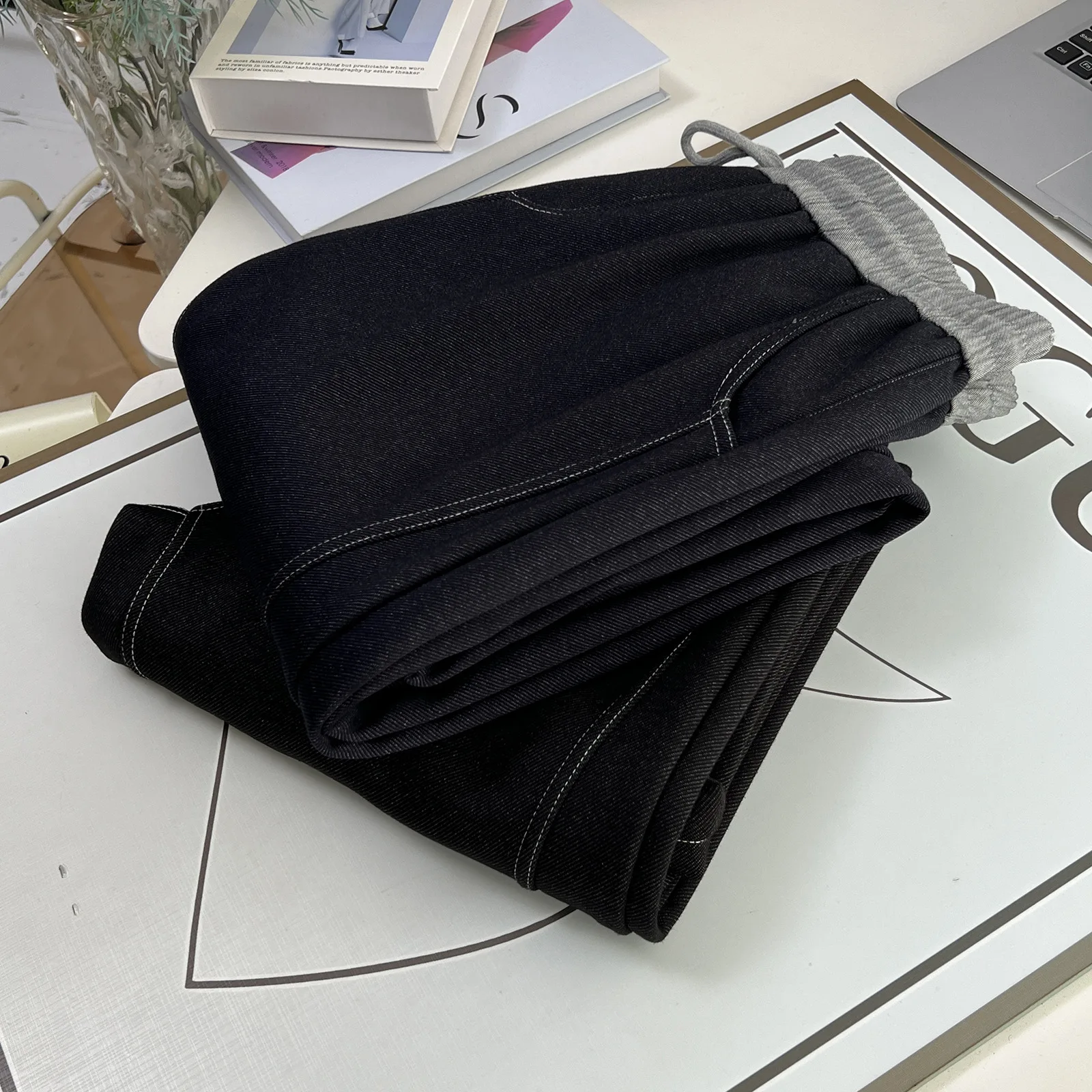 XXXXL موضة حجم كبير المرأة السراويل المستقيمة الشتاء نمط جديد عادية الصوف الدافئة منحني بنطلون 26003