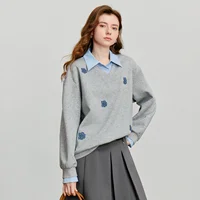 TOYOUTH Women Sweatshirt 2025 Autumn New Denim Flower Embroidery Fake Two Piece Splicing Turn Down Collar Cotton Casual Pullover - Image 2