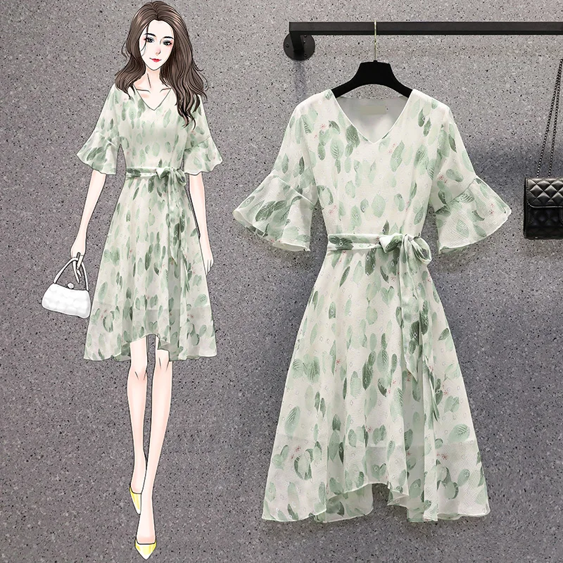 Elegant Women's Clothing 2022 Summer New Vintage Cute V-neck Short Sleeve Thin Floral Chiffon Dress p121