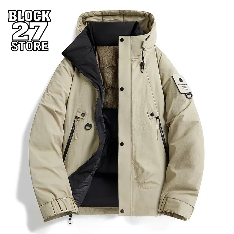 

Mens Jacket Harajuku Winter Thickened Hooded Cotton Coat Outdoor Waterproof Magic Tape Arm Badge Warm Multi Pocket Fashion Style