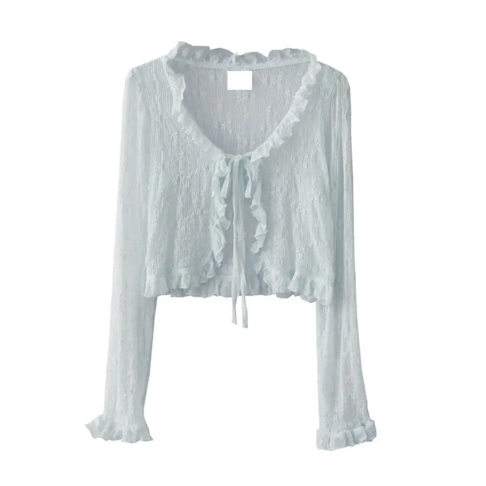 

Floral Flower Thin Sunscreen Cardigan Top V-neck See Through Knitted Long Sleeves Sunscreen Top Korean Women's Crop Top