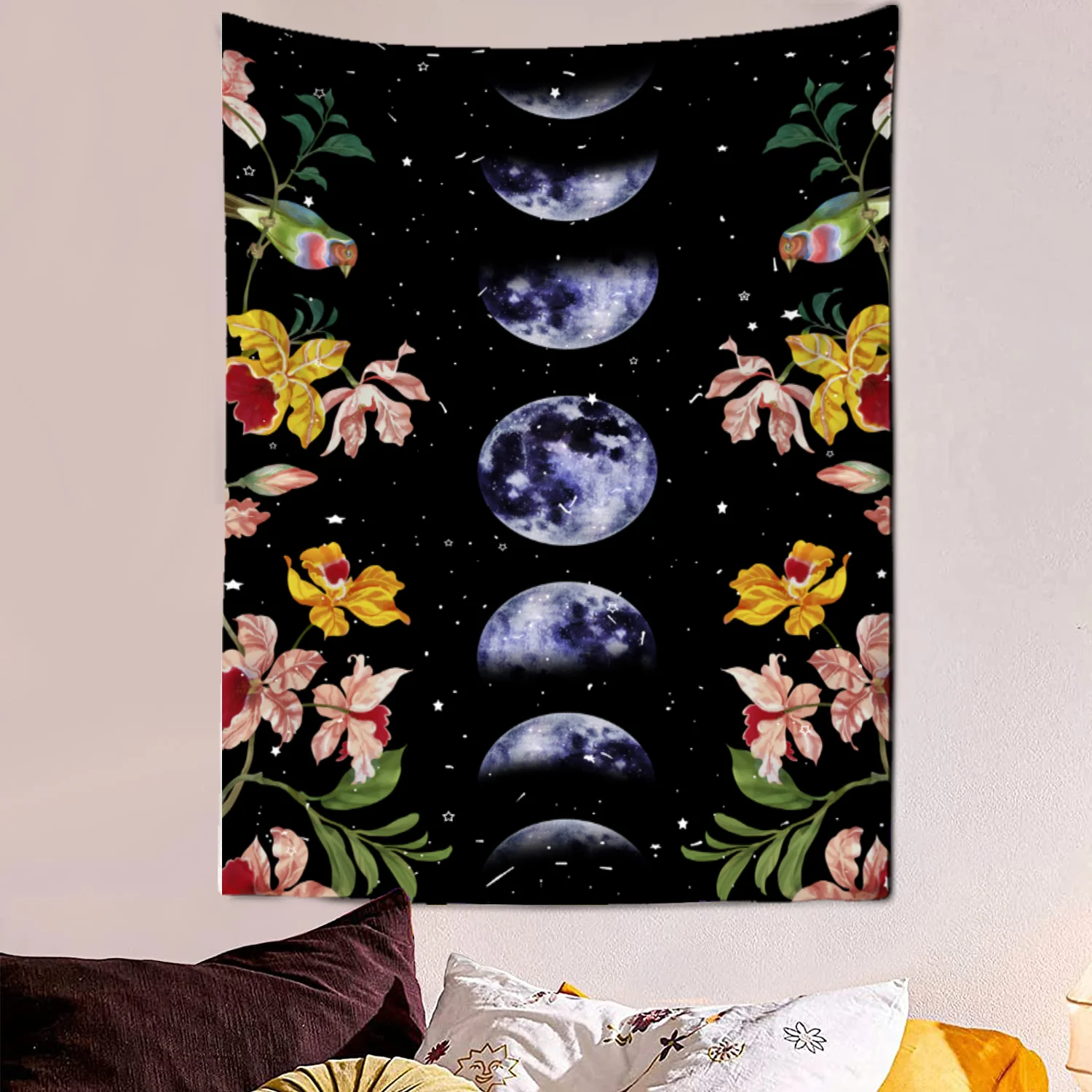 Moonlight Garden Tapestry Moonlight Surrounds Vines and Flowers White Wall Decoration Hanging at Home Bedroom Living Room Decor