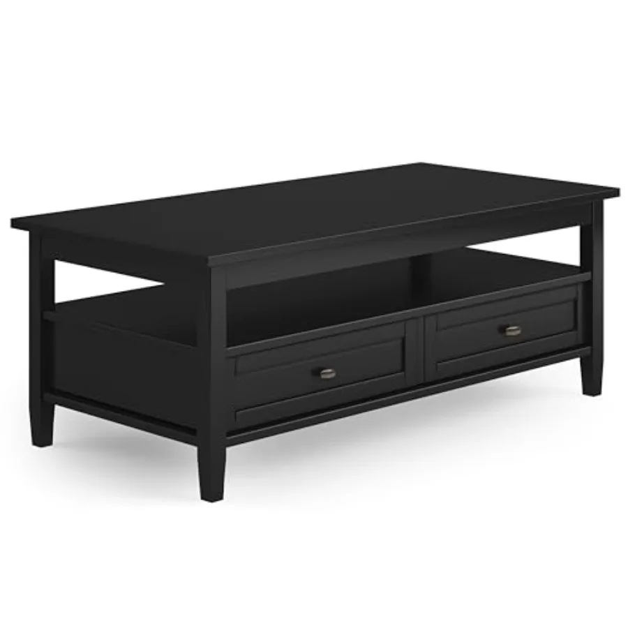 

Warm Shaker Coffee Table - 48 inch Wide Solid Wood Coffee Table in Black, Transitional Living Room Table with 2 Drawers, Open S