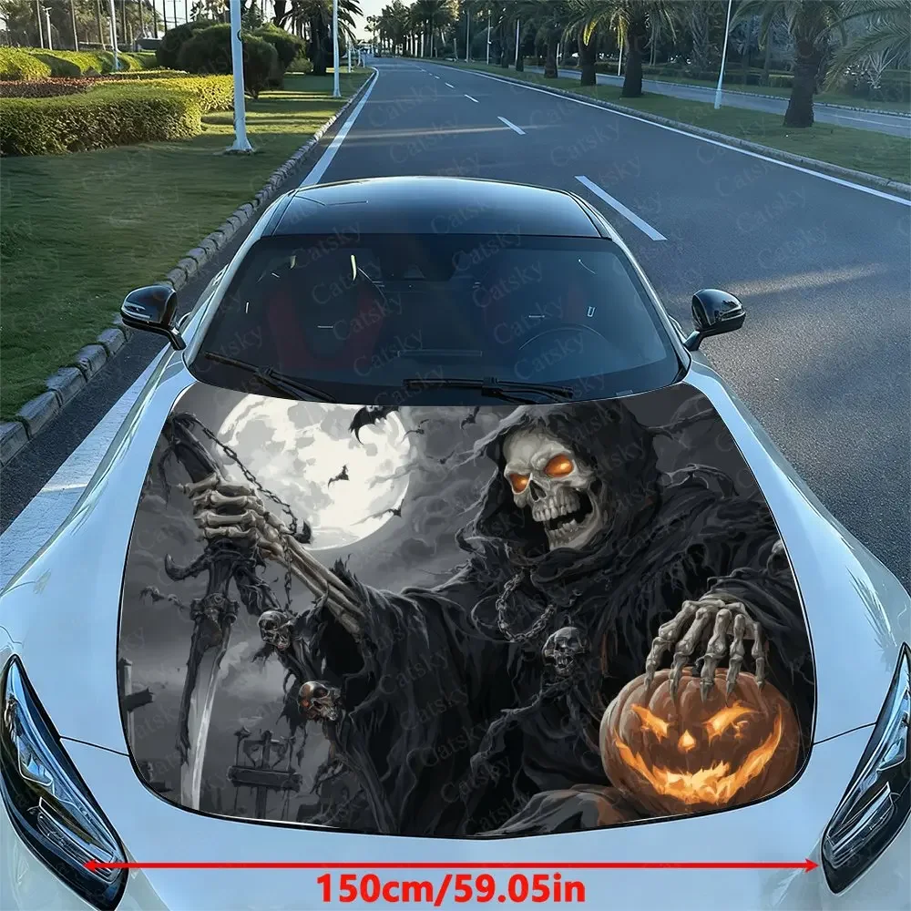 The Grim Reaper Holding A Pumpkin Lantern Car Engine Hood Sticker-Durable PVC Waterproof Self-adhesive Vinyl Sticker, Easy To In