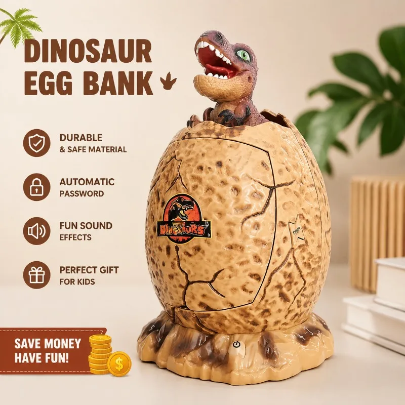 Fingerprint-Activated Dinosaur Egg Piggy Bank – T. Rex Toy Safe with Password Protection