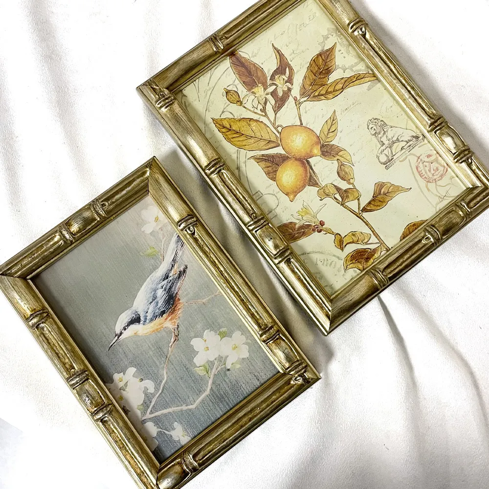1.7cm Weathered Vintage Gold Bamboo Shaped Solid Wood Frame Photo Frame Gallery Painting Frame for Asian Zen Home Wall Decor