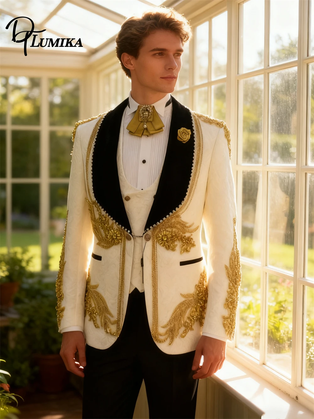 

DTLumika Gold Beads Appliques Suit Set for Men, Luxury Three Pieces Men's Jacquard Suit Set, Blazer Jacket Vest Pants Costume