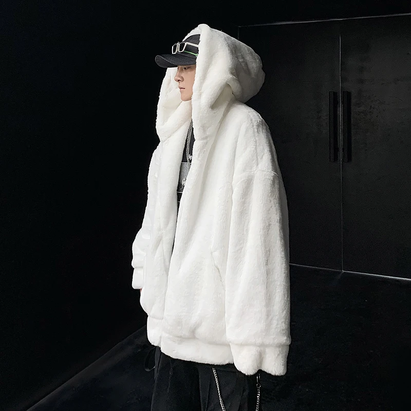 

Корейская утепленная теплая куртка из овечьего меха и хлопка, мужское свободное пальто с капюшоном, имитация кроличьего меха, длинный рукав, повседневная одежда