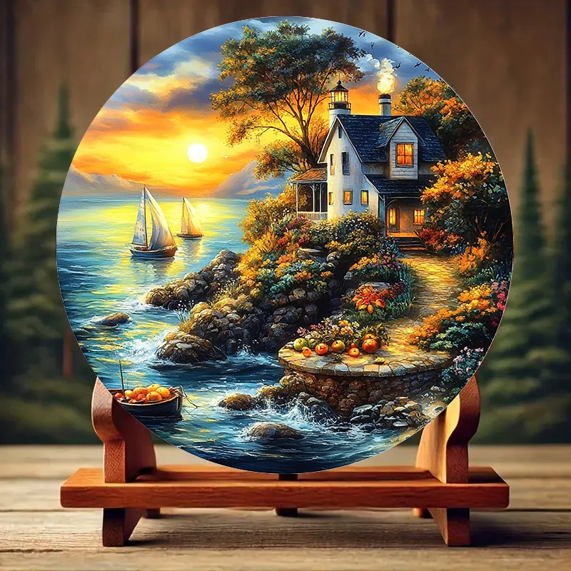 2D Flat Round Tin Sign 1pc 7.87x7.87 inch Sunset Lighthouse Lake Sailboat Scenery Metal Plaque Nature Home Wall Decor