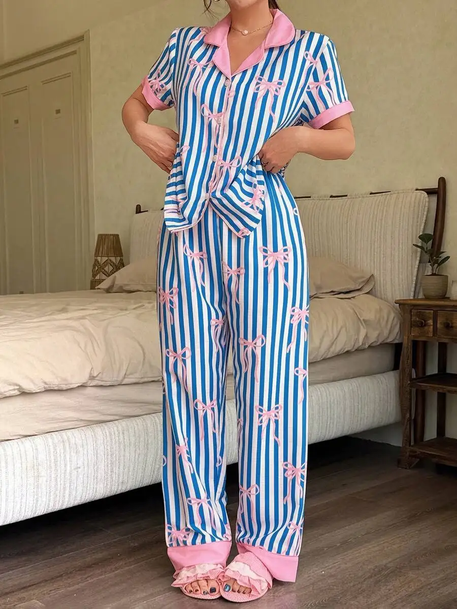 

Cute Striped Bow Ruffle Women Pajama Set With Contrast Pink Collar
