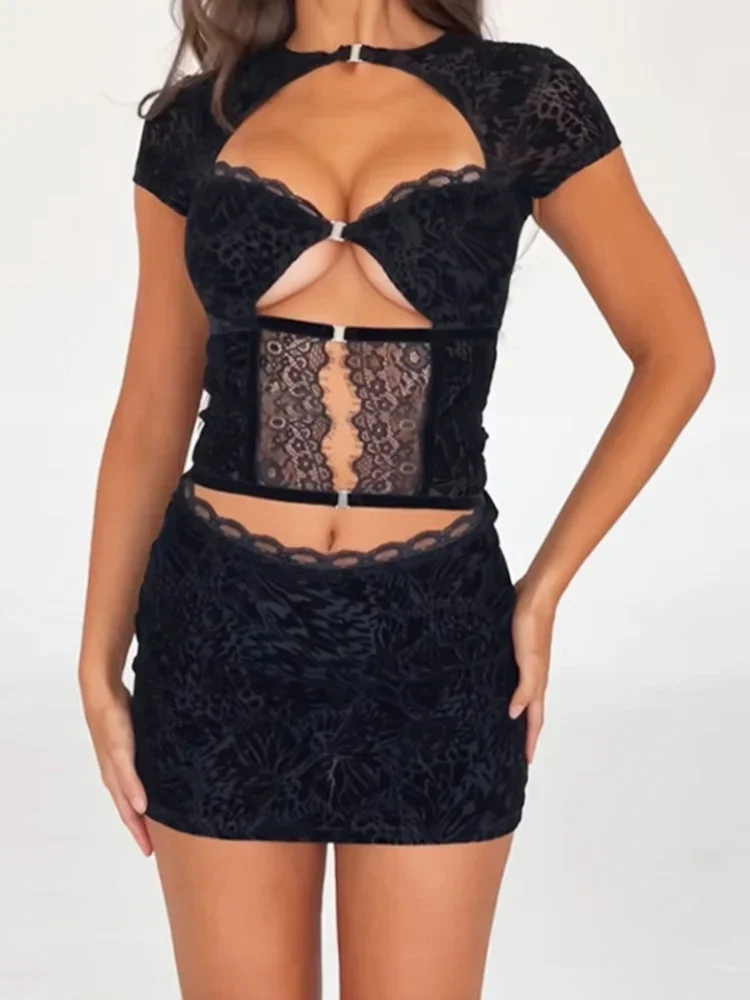 Women Sheer Lace Mini Dress Short Sleeve Crew Neck Hollow Out Slim Fit Bodycon Dress Summer Retro Club Sexy Dresses