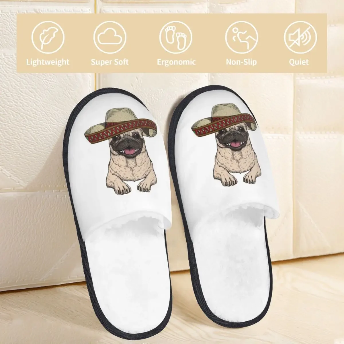 Chinelos macios quentes de inverno para homens e mulheres, Pug com chapéu mexicano sombrero, chinelos de interior