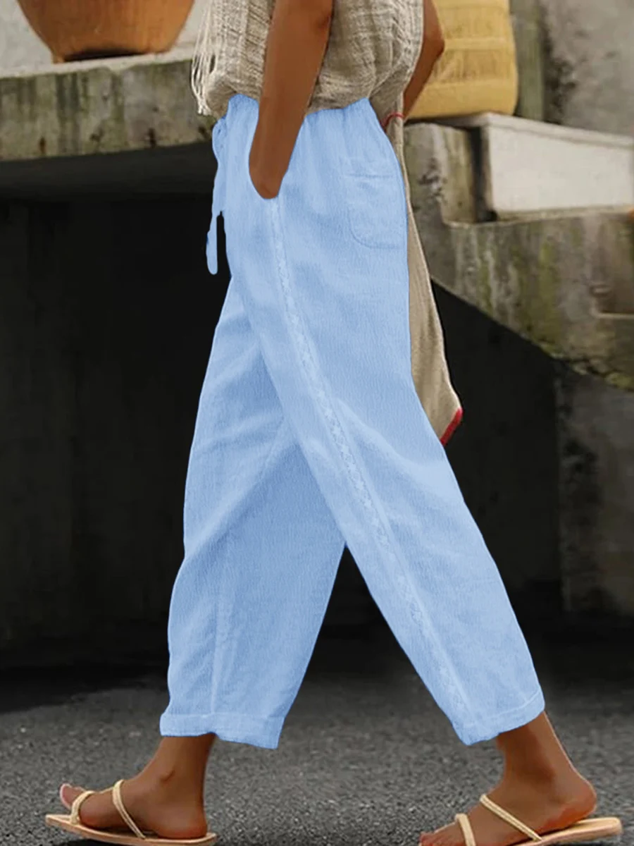 2026 Autumn Plus Size Wide Leg Pants High Waist Drawstring Loose Casual Trousers for Women with Pockets and Lace Trim Bottom