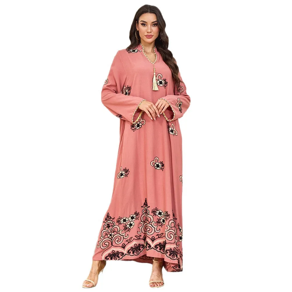 Medio Oriente Moda Donna Musulmana Rosa Stampato Casual Alla Moda Manica Lunga Alla Caviglia Con Scollo A V Ricamato Abaya Abiti Femminili