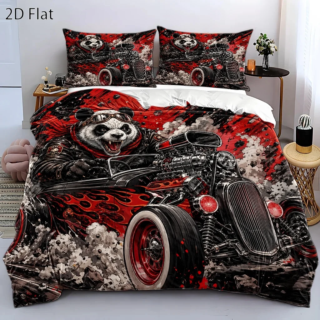 3-Piece Personalized Panda Racing Theme Duvet Cover Set, Three-Piece Bedding Set (1 Duvet Cover + 2 Pillowcases), Suitable for All Seasons, Machine Washable Bedding, Includes Invisible Zipper Double Bed Cover Set, Suitable for Home, Dormitory, Master Bedroom, Guest Room, Large Duvet Cover Available, Trendy Punk Style Car-Themed Bedding Set, Durable and Washable Bedding, Personalized Decorative Bedroom Bedding Set, High-Thread-Count, High-Density, Comfortable and Skin-Friendly Bed Cover, European and American Style Creative Cartoon Bedding Set
