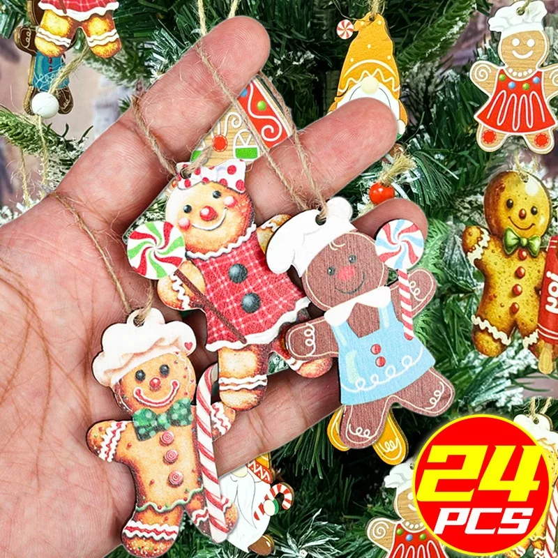 12/24PCS Christmas Gingerbread Man Pendants DIY Xmas Tree Wooden Hanging Oranments 2025 Home New Year Party Decoration Supplies