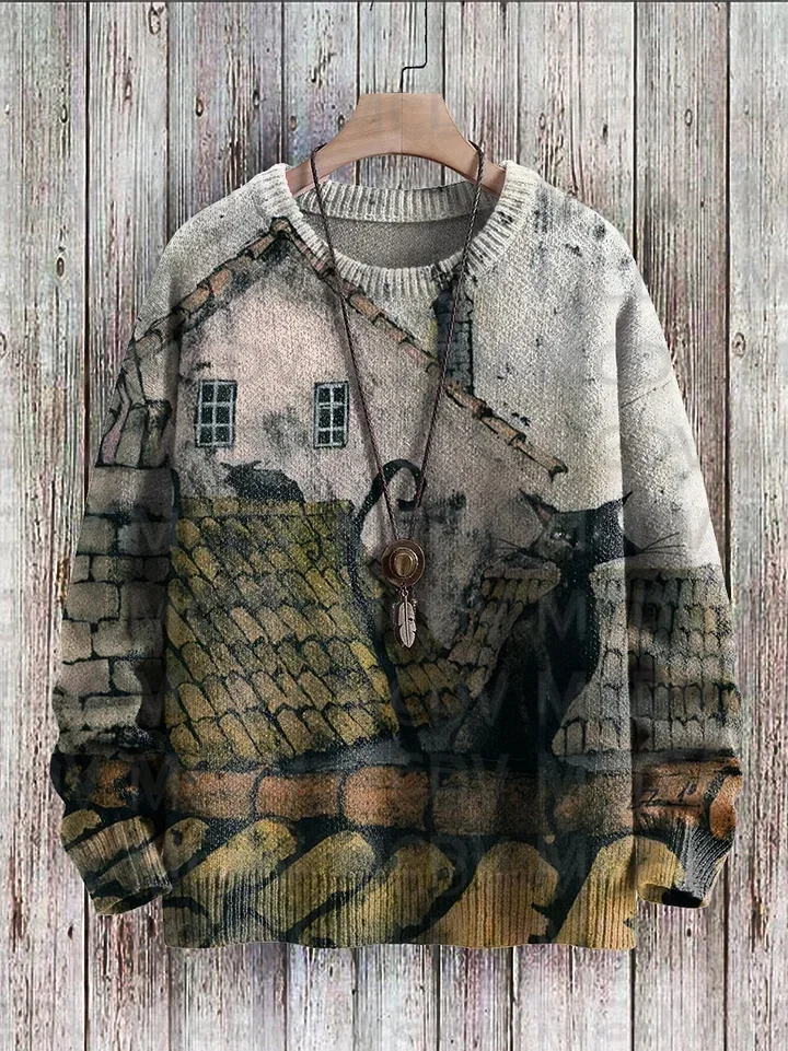 Cat On The Roof At Night Print Casual Knit Pullover Sweater Men's For Women's Pullover