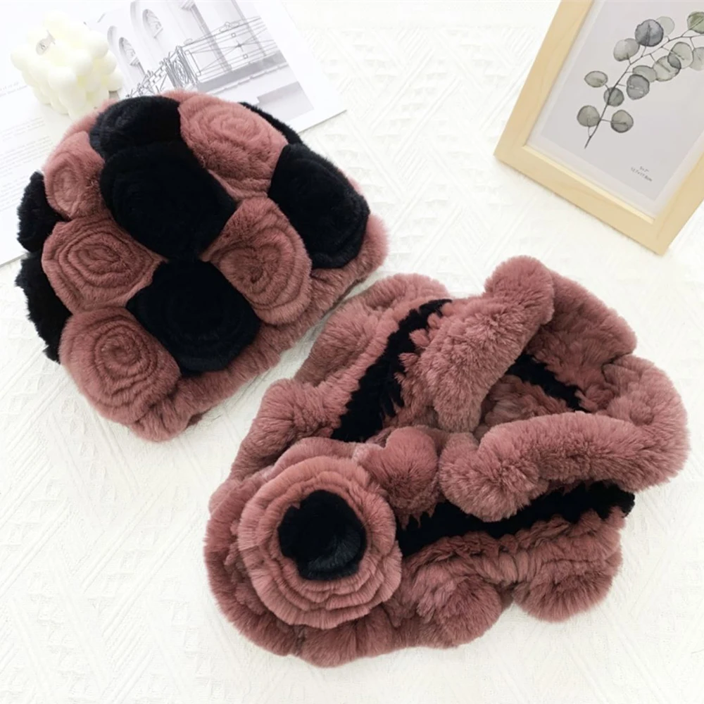 New Women Winter Fur Hat Scarf Sets Natural Warm Real Rex Rabbit Fur Cap Scarves Lady Knitted Warm 100% Genuine Fur Hats Muffler