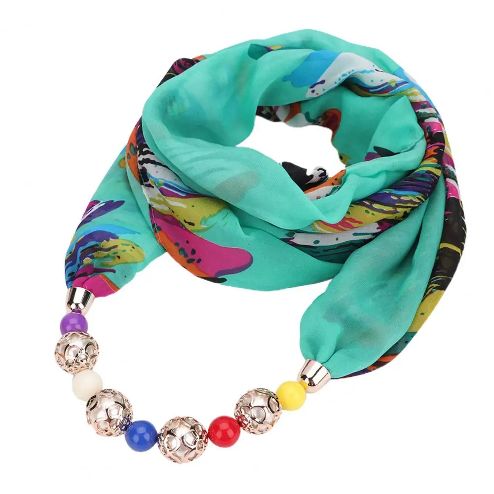 Beads Pendant Floral Print Necklace Scarf Simple Ethnic Style Vintage Chiffon Scarf Necklace Shawl For Home Шарф С Ожерельем