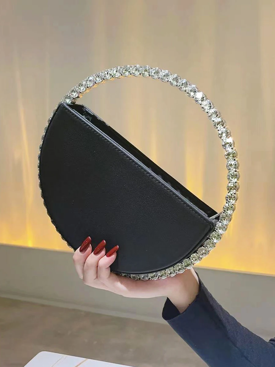 Rhinestone Round Ring Evening Bag Trendy Faux Leather Clutch Purse Women\'s Elegant Handbags For Party Prom Wedding