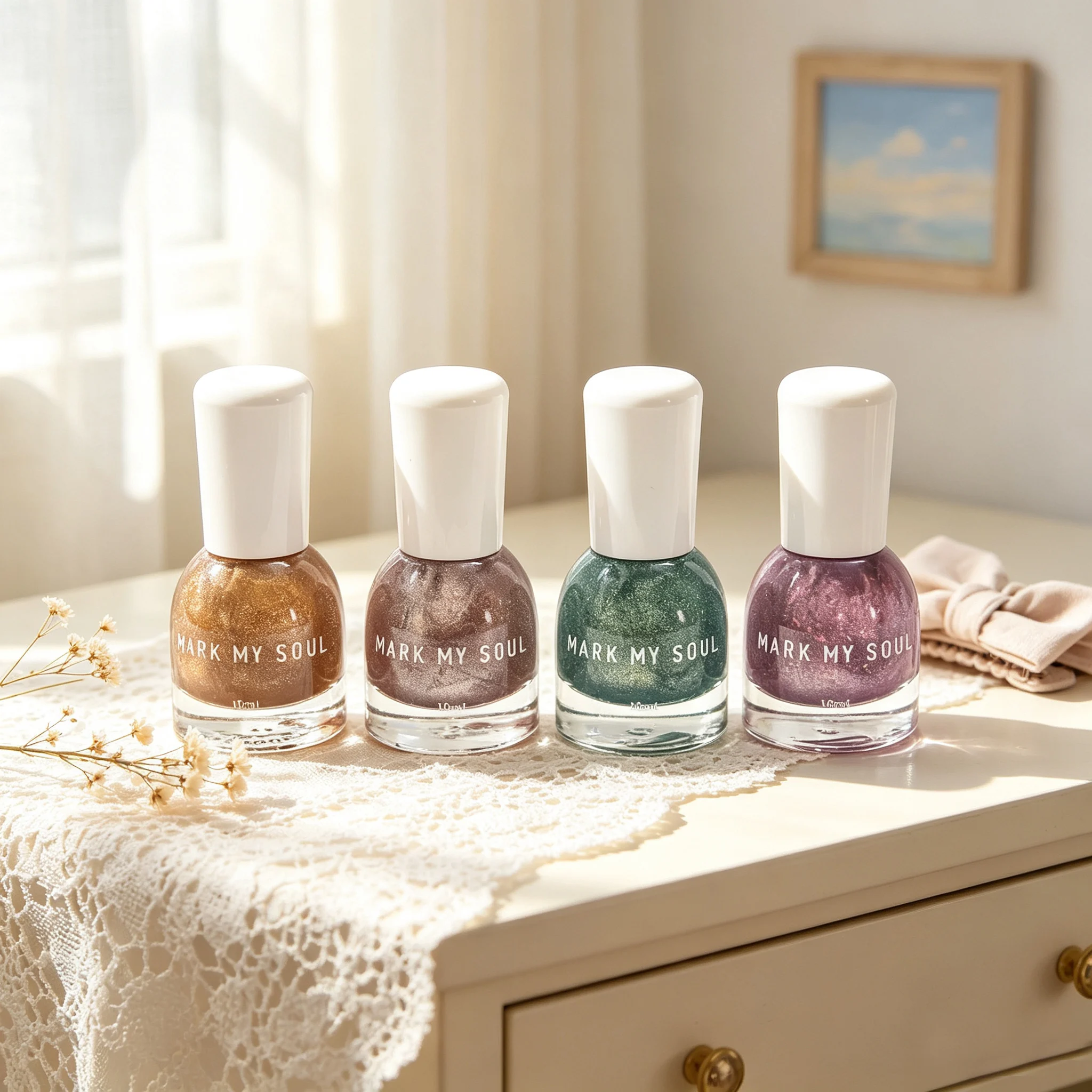 4pcs Romantic Dreamy Taro Caramel Gentle Gradient Glitter Cat Eye,MARK MY SOUL No UV Lamp Nail S163/S149/S145/S151,Quick Dry Non