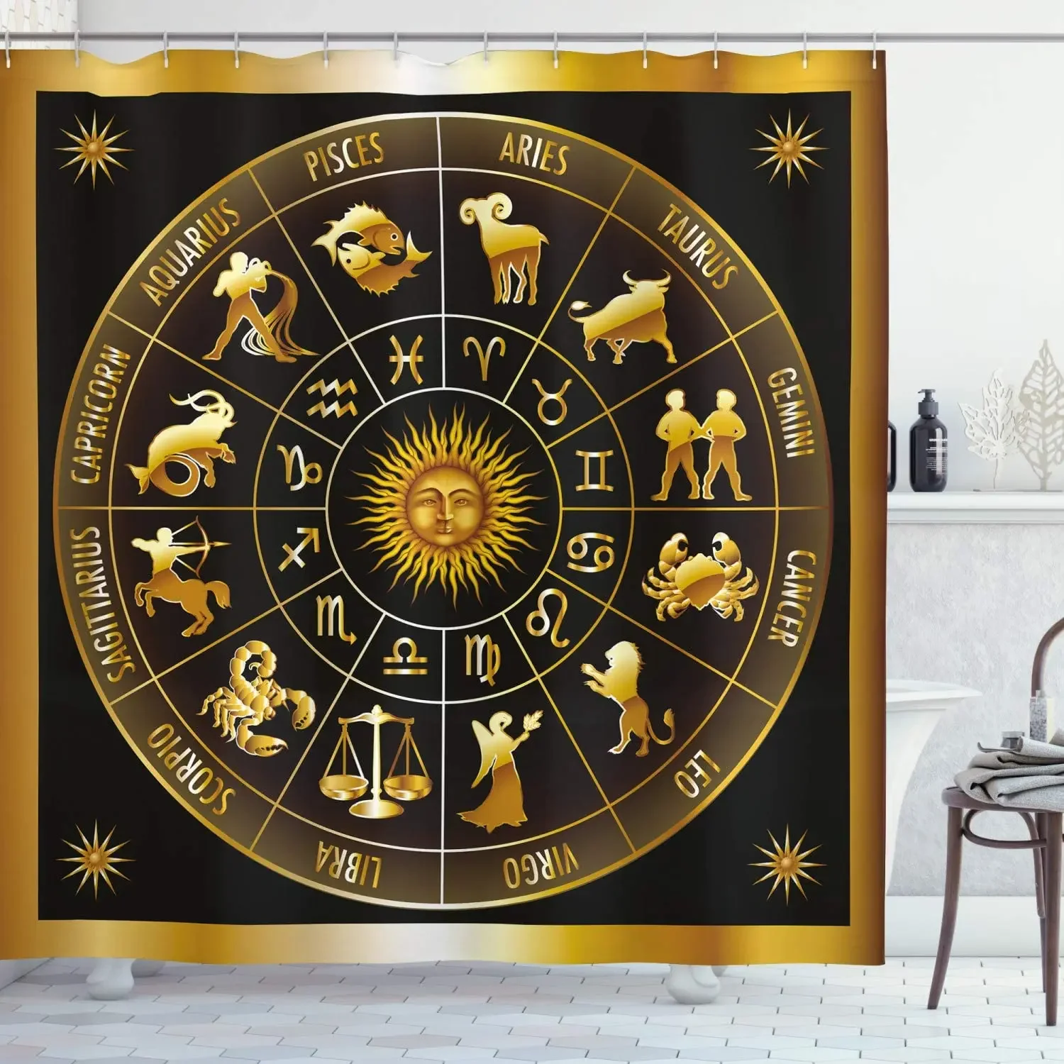 Wheel Zodiac Astrology Signs in Circle with Sun Moon Image Circle, Cloth Fabric Bathroom Décor