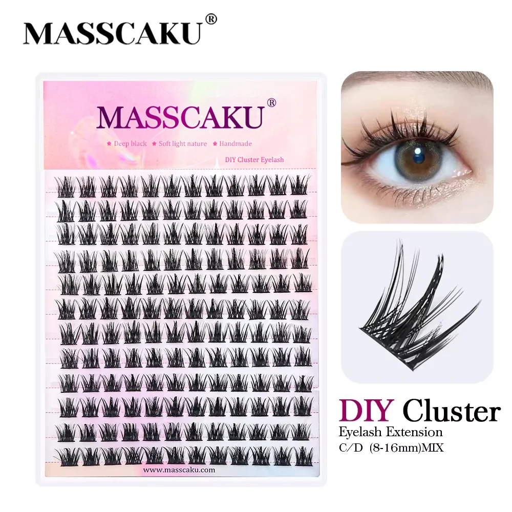 MASSCAKU Wärmeverklebte Dovetail-Segmentwimpern, weiche und natürliche Bündel, Rubbion-Streifen, DIY-Cluster-Wimpernverlängerung für zu Hause