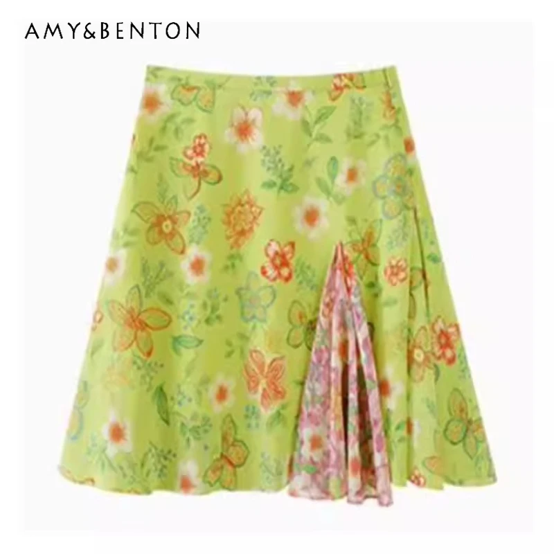 

2026 Summer Green Floral Print Chiffon Women's Skirt French Design Asymmetrical Splicing High Waist A-line Short Skirts Ladies