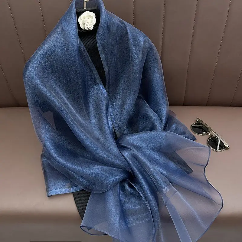Silk Wool Scarf Solid Color Double-layer Bright Thin Large Shawl Sun Protection Versatile Fashion Long Headscarf Women