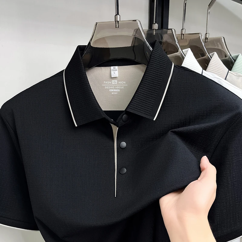 Light luxury men's summer polo shirt short sleeve new fashion ice silk breathable T-shirt casual solid color high-quality top