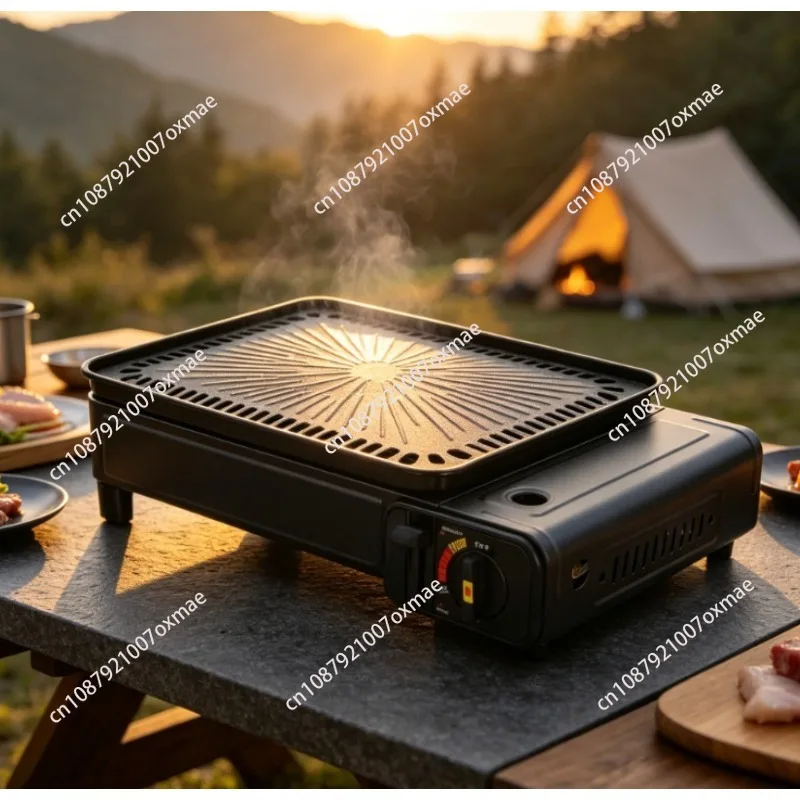 Portable Windproof Gas Cassette Stove & BBQ Grill – Camping, Picnic, Outdoor & Home Use with Roasting Pan