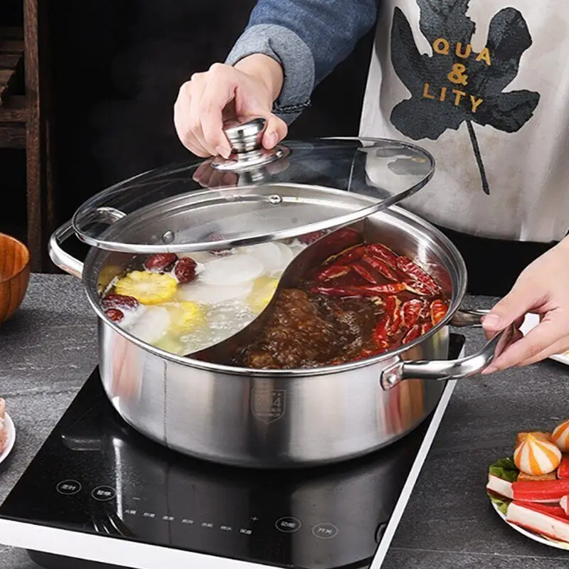 

Stainless Steel Hot Pot with Cover Induction Cooker Hotpot Pan Pot Cookware Hot Pot Thicken 2 In 1 Divided Hotpot with Glass Cov