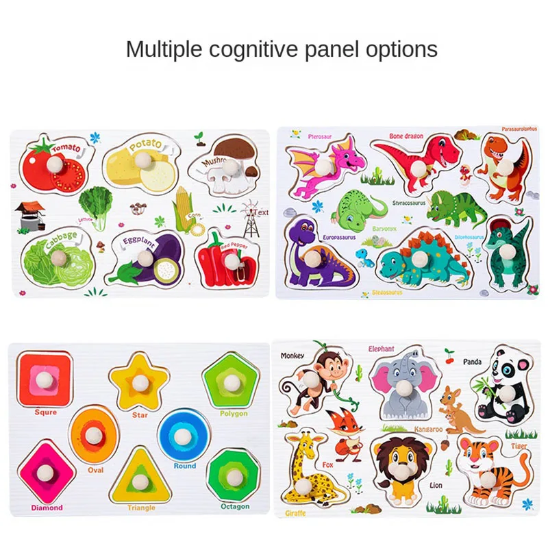 Bambini giocattoli educativi Montessori per bambini Puzzle in legno Cartoon Animal Fruits Shapes Learning Hand grip Board Jigsaw Games