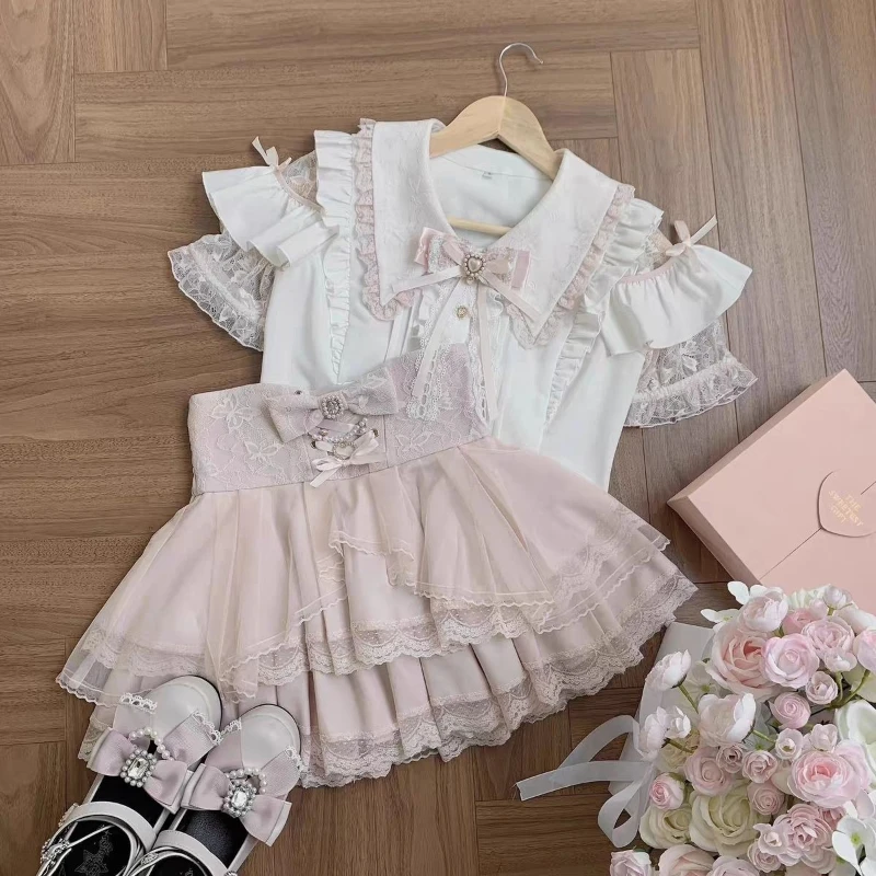 Japanische Lolita Kurzarm-Bluse Einfarbig mit Spitze und Knöpfen Patchwork Elegante Damenbluse Schlank Y2k Vintage Schleife Süße Innenbluse