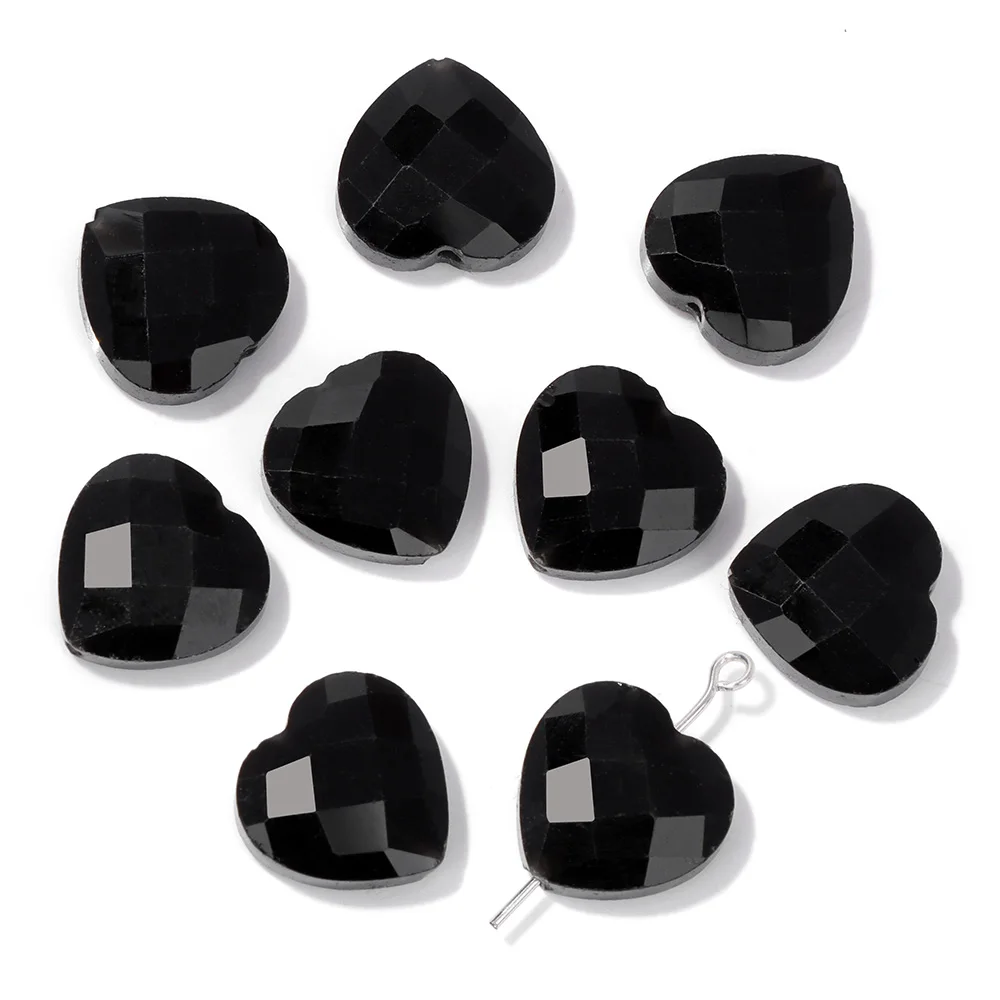 15x15mm Heart Faceted Stone Beads Natural Black Obsidian Charm Bead Loose Spacer Beads for Making Bracelet Necklace Earrings