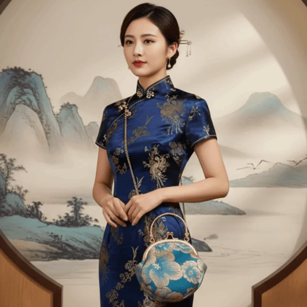 

Floral Brocade Cheongsam Bag Satin Fabric Jacquard Kiss Lock Purse Mini Size Detachable Chain Embroidered Clutch Tea Ceremony